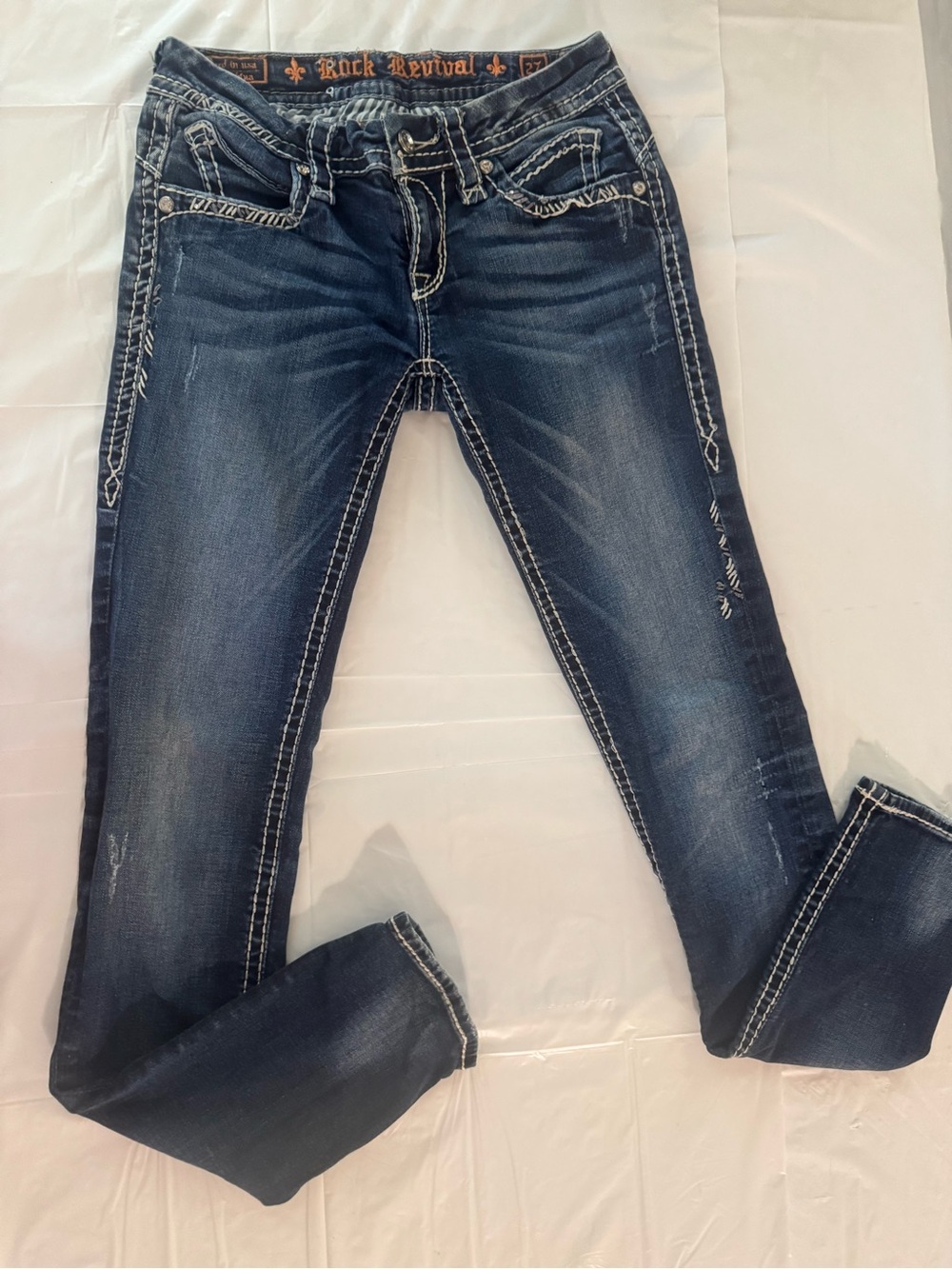 Rock Revival Mary Skinny Jeans Women’s 27 Dark Wash Thick Stitch Flap Pocket Y2K